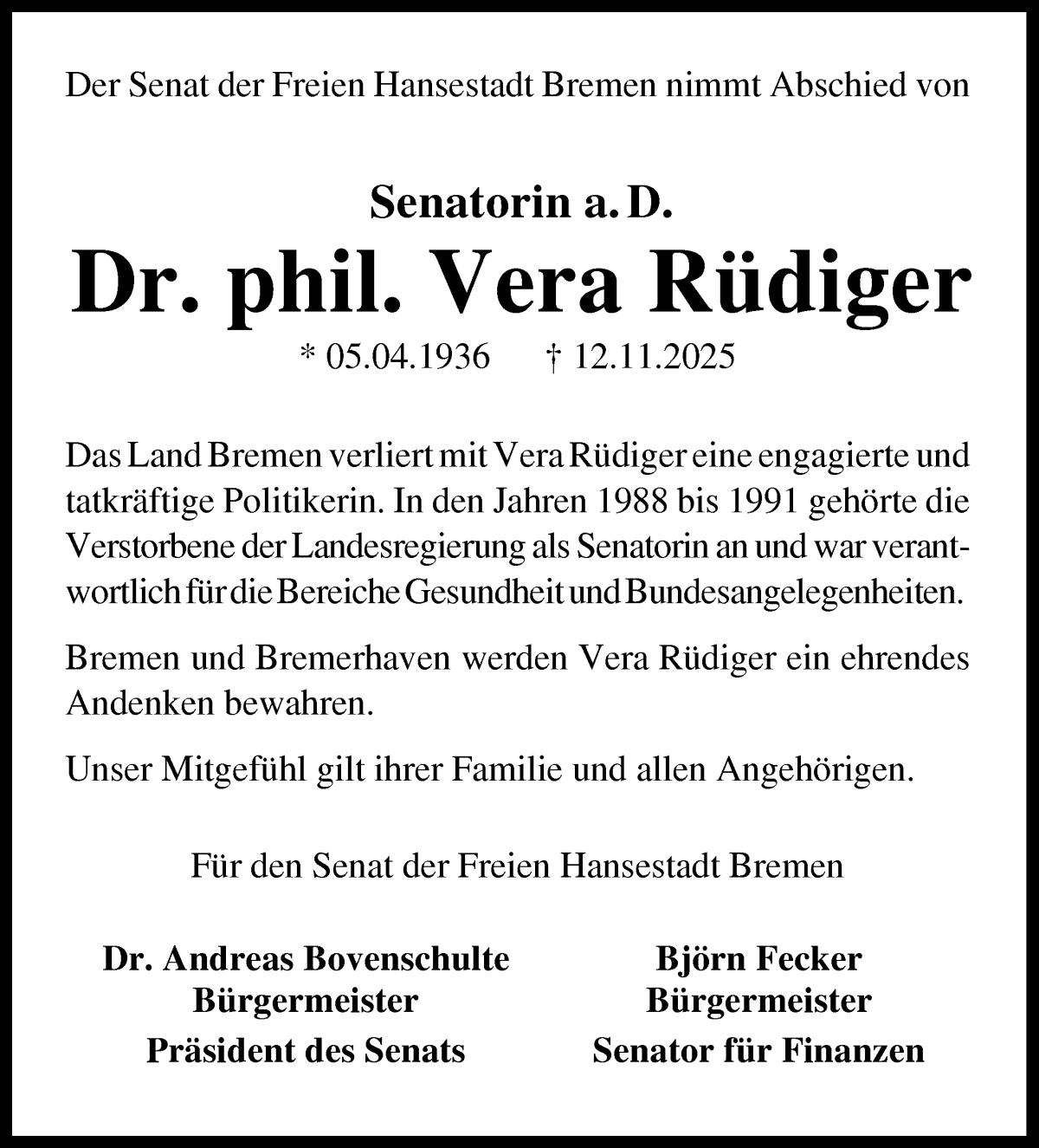 Traueranzeige von Vera Rüdiger von WESER-KURIER