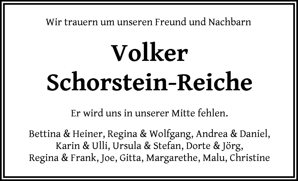 Traueranzeige von Volker Schorstein-Reiche von WESER-KURIER