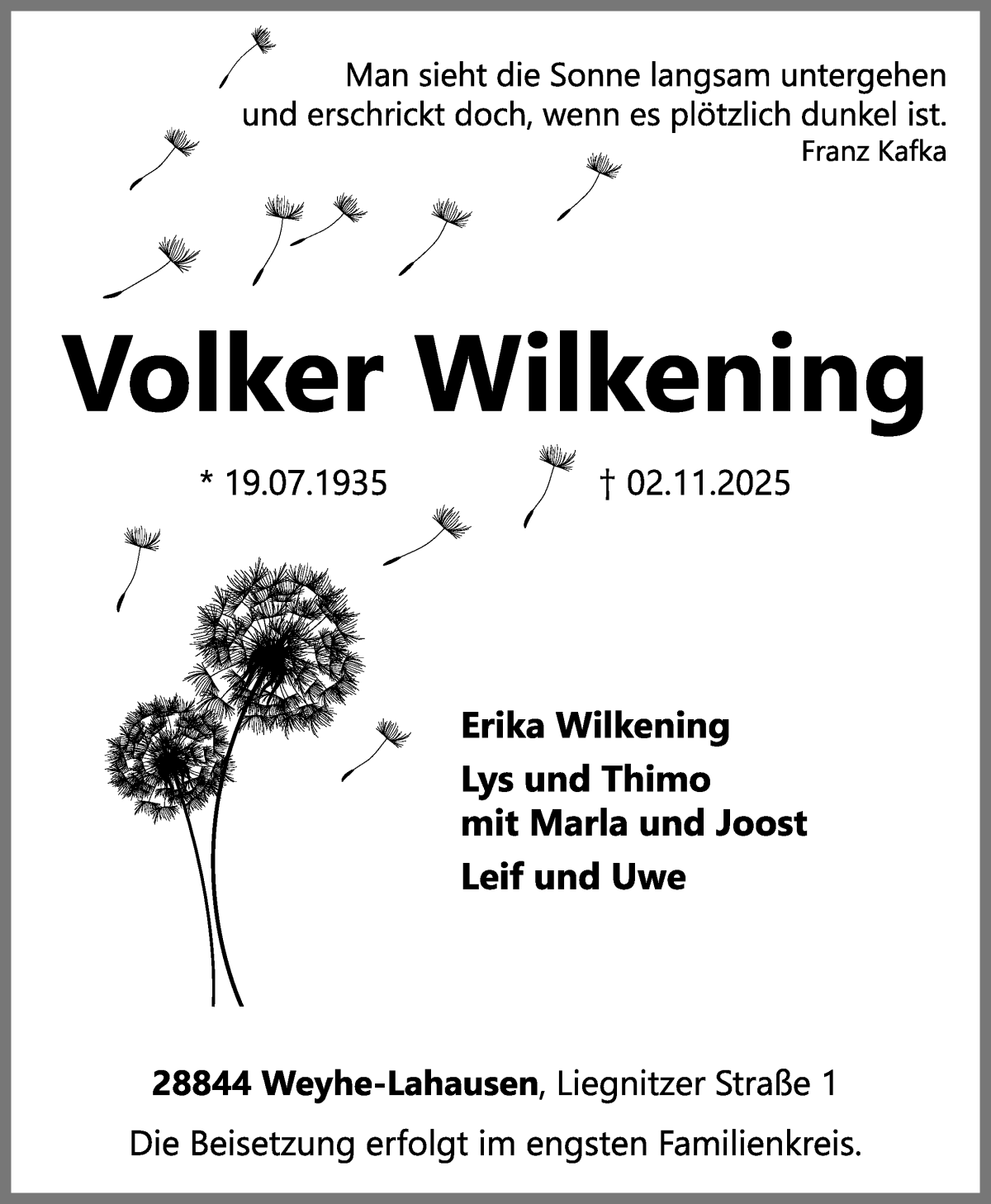 Traueranzeige von Volker Wilkening von WESER-KURIER