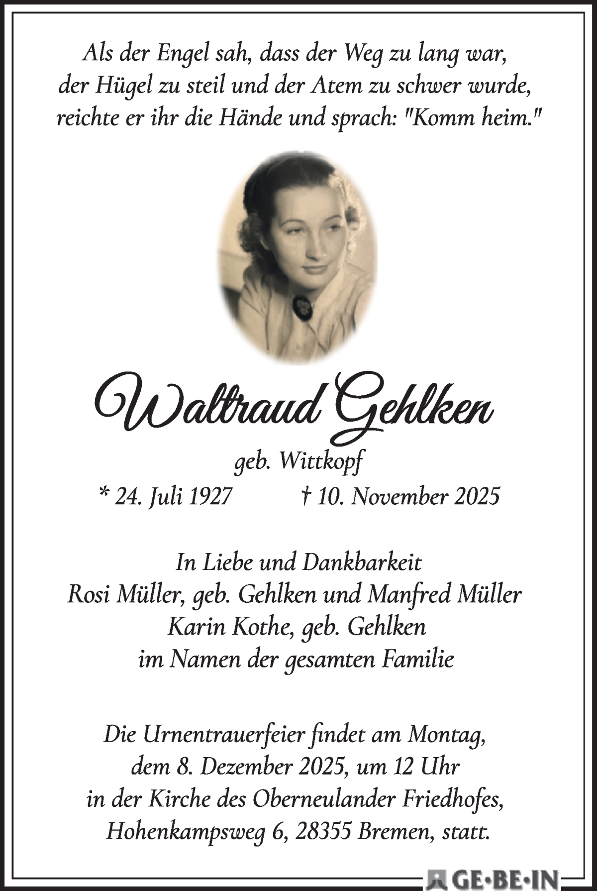  Traueranzeige für Waltraud Gehlken vom 22.11.2025 aus WESER-KURIER