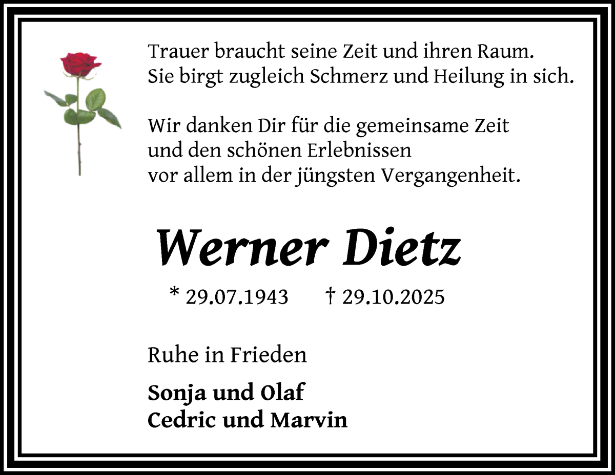 Traueranzeige von Werner Dietz von Die Norddeutsche