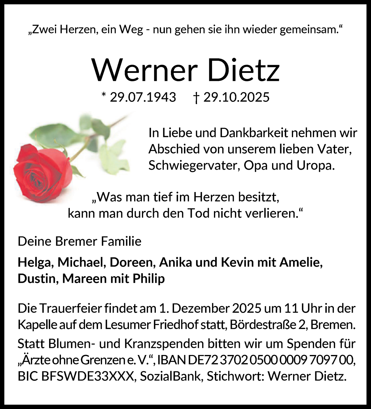 Traueranzeige von Werner Dietz von Die Norddeutsche