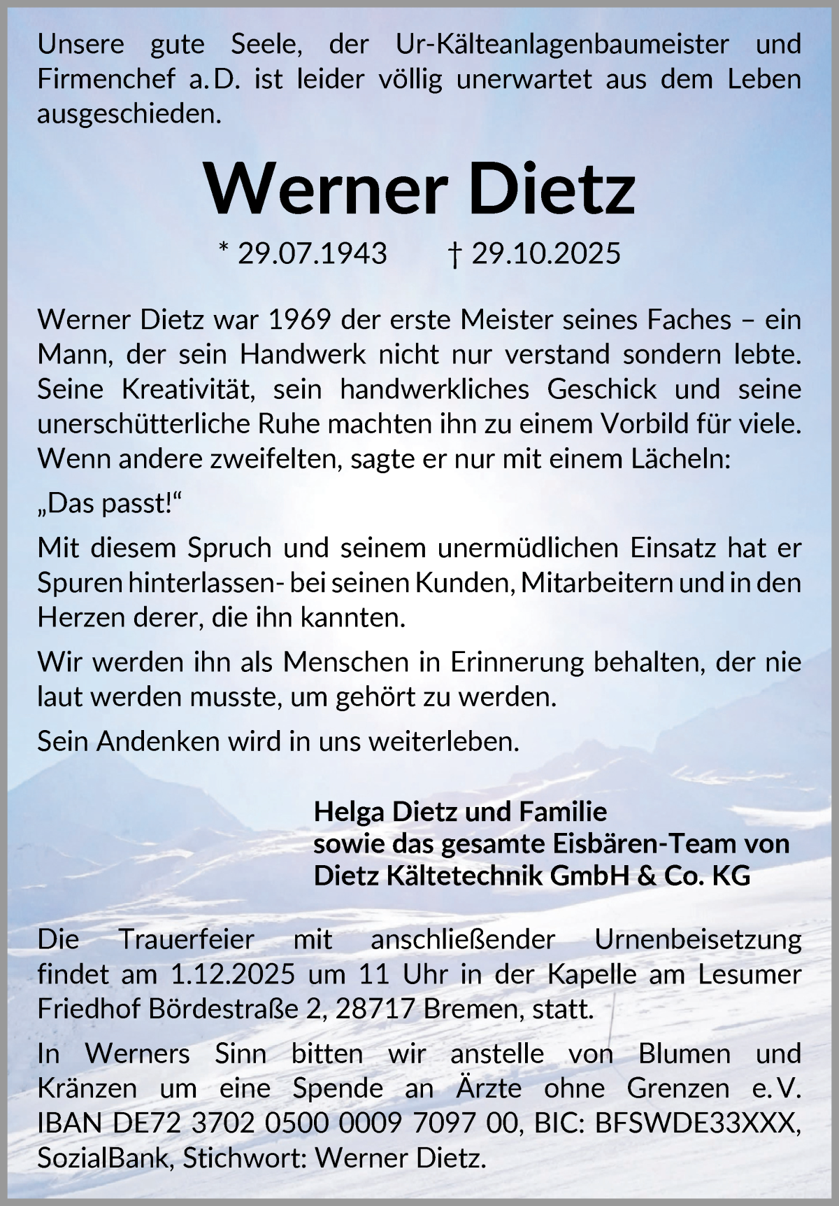 Traueranzeige von Werner Dietz von WESER-KURIER