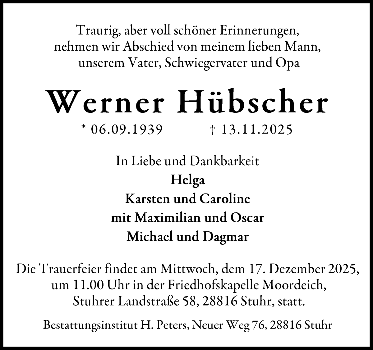 Traueranzeige von Werner Hübscher von WESER-KURIER