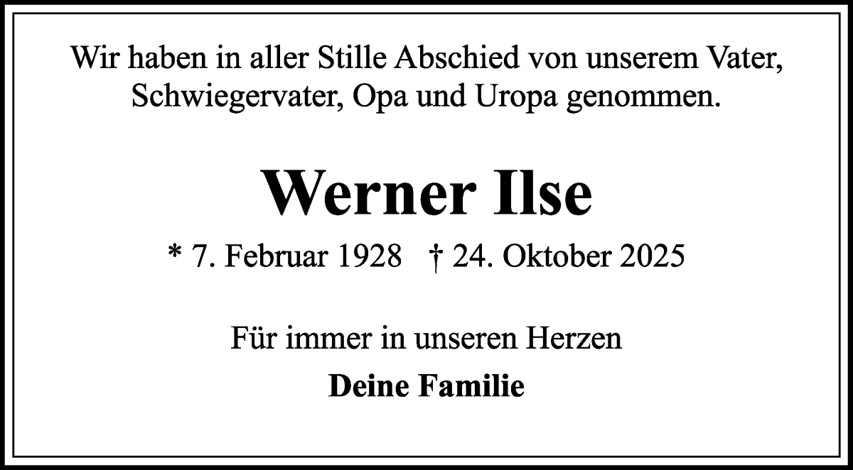 Traueranzeige von Werner Ilse von WESER-KURIER