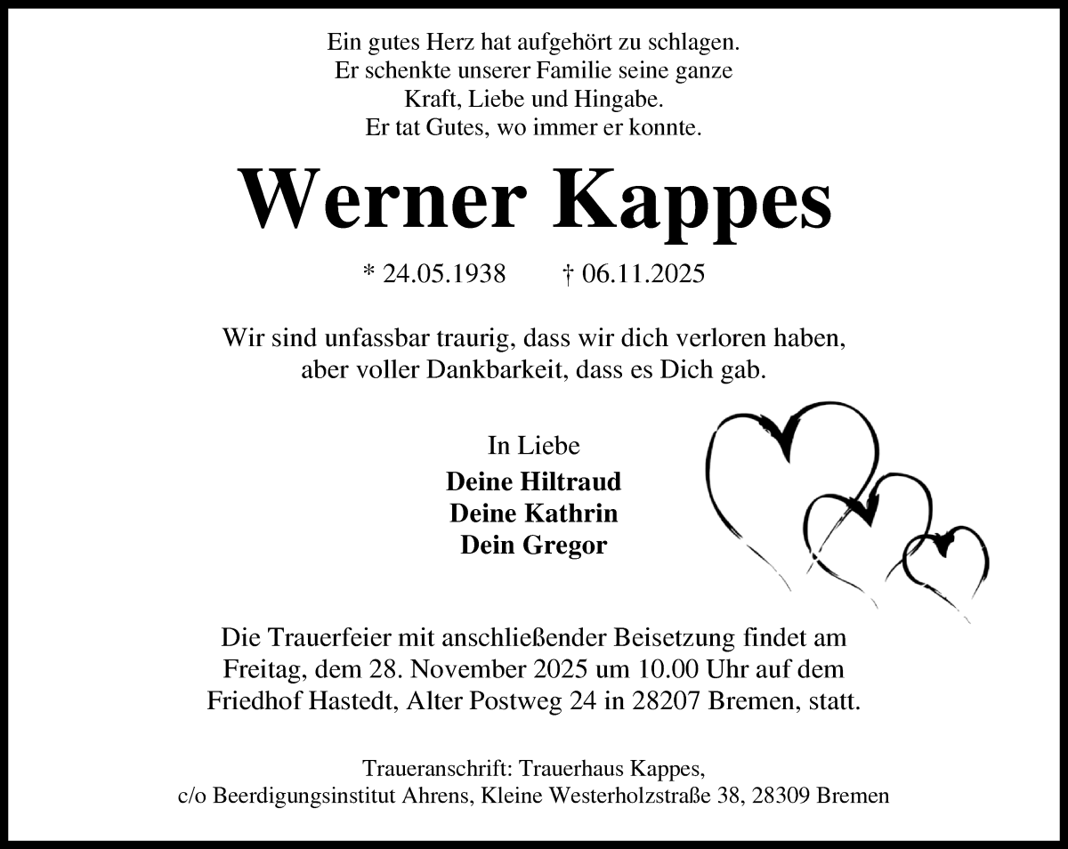 Traueranzeige von Werner Kappes von WESER-KURIER