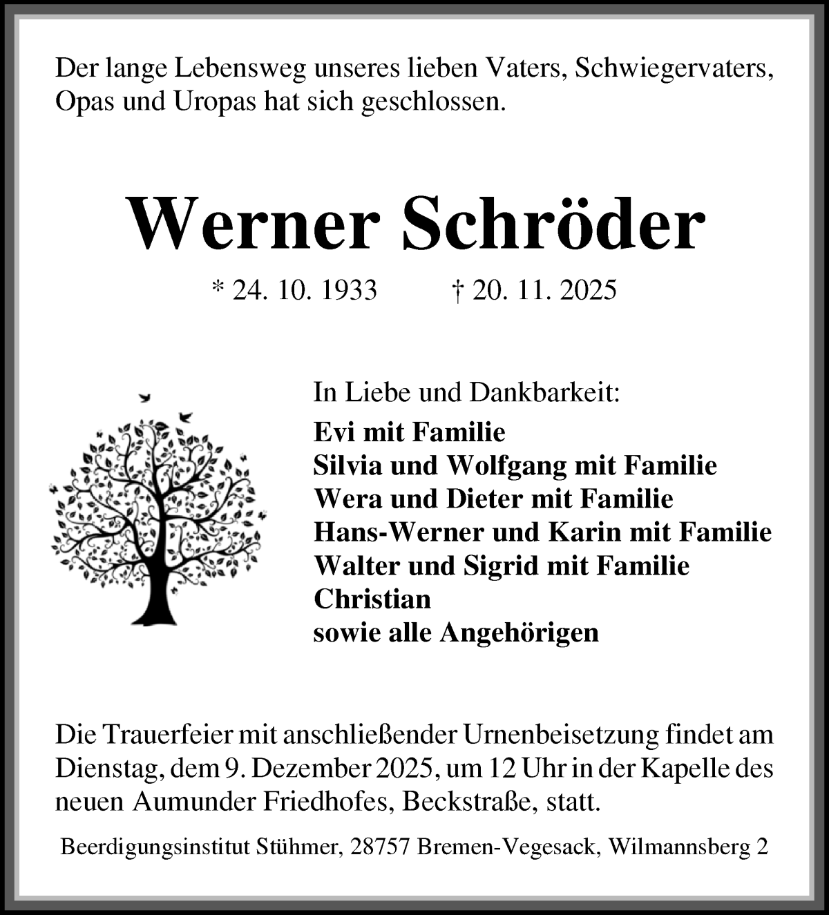 Traueranzeige von Werner Schröder von Die Norddeutsche