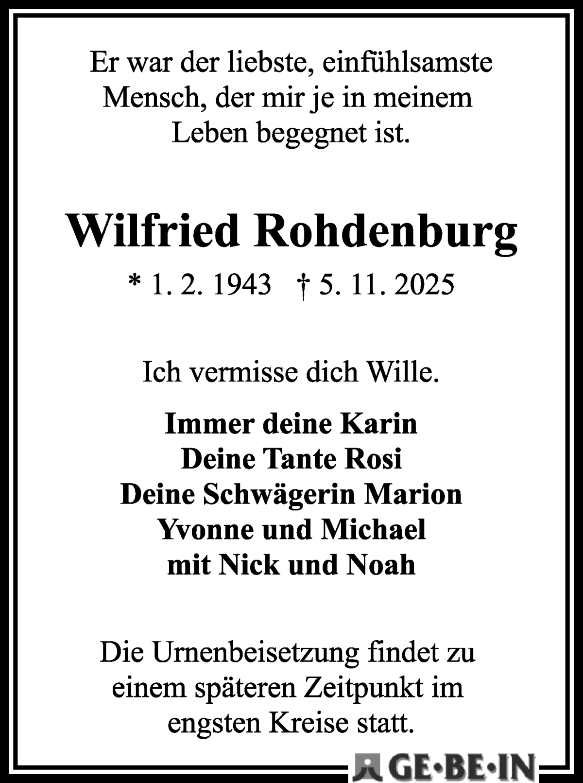 Traueranzeige von Wilfried Rohdenburg von WESER-KURIER
