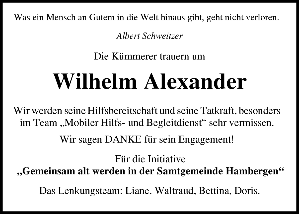 Traueranzeige von Wilhelm Alexander von Osterholzer Kreisblatt