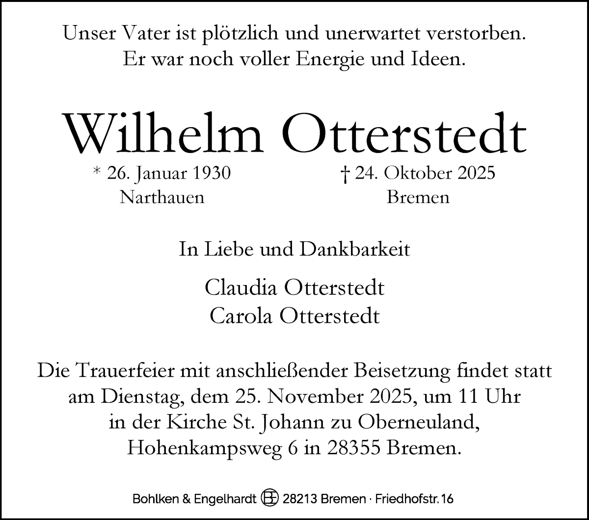 Traueranzeige von Wilhelm Otterstedt von WESER-KURIER