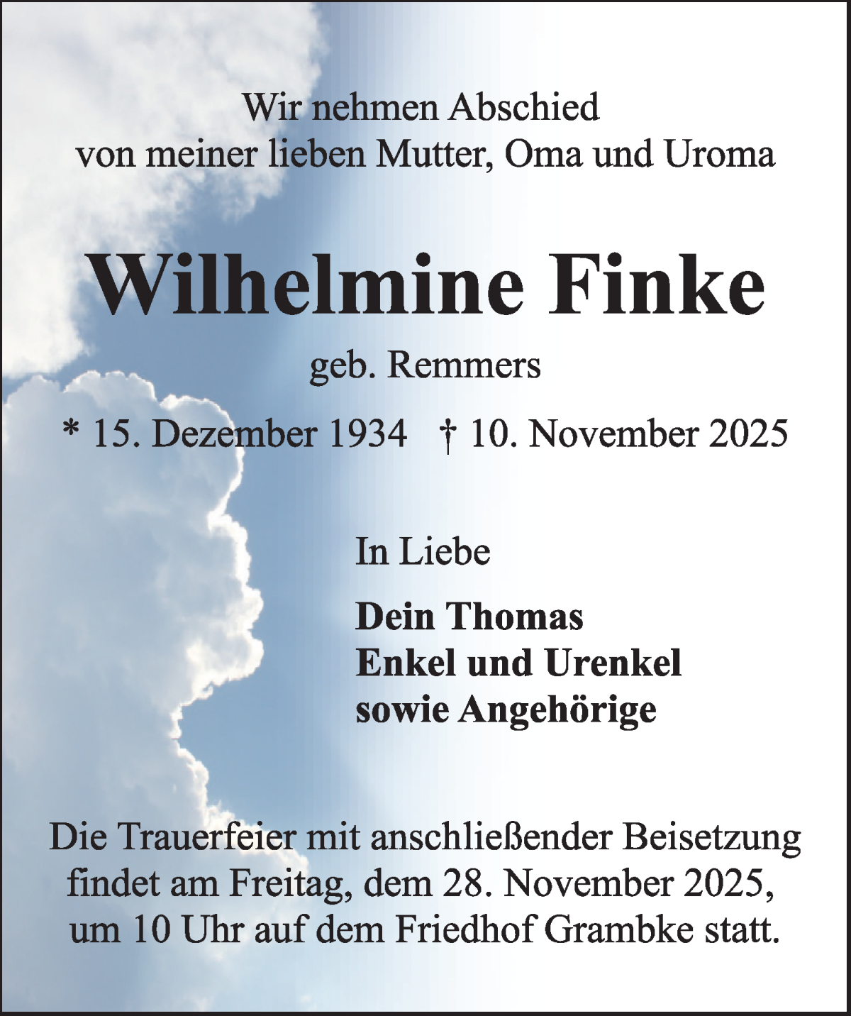 Traueranzeige von Wilhelmine Finke von WESER-KURIER