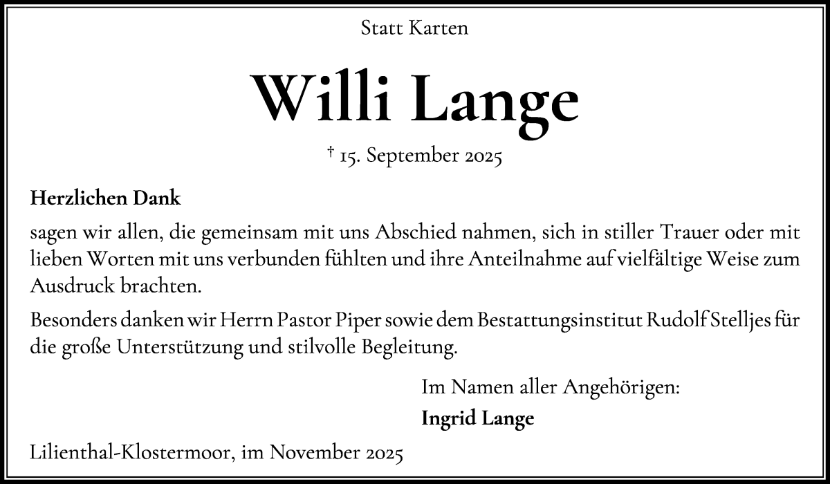  Traueranzeige für Willi Lange vom 01.11.2025 aus Wuemme Zeitung