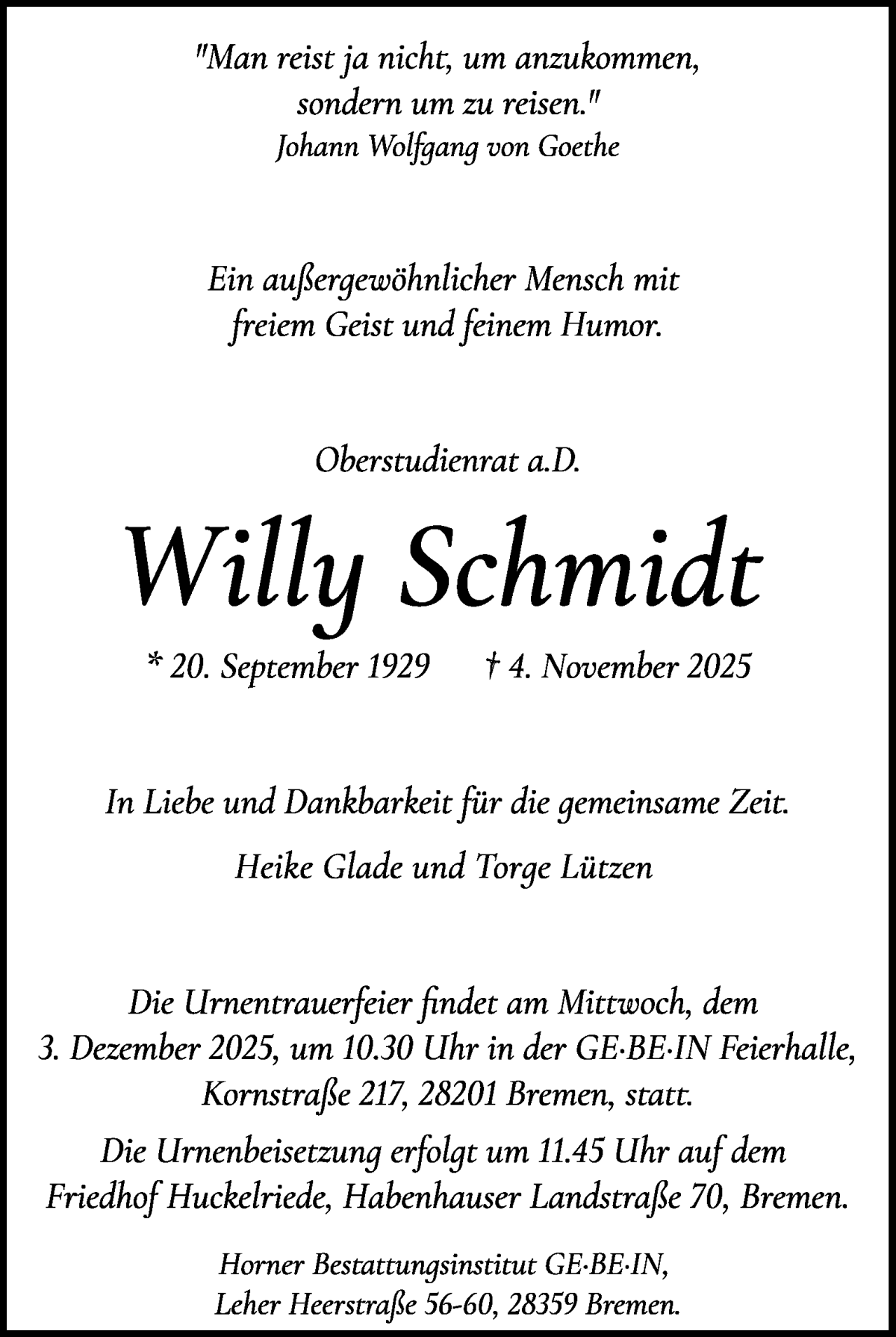 Traueranzeige von Willy Schmidt von WESER-KURIER