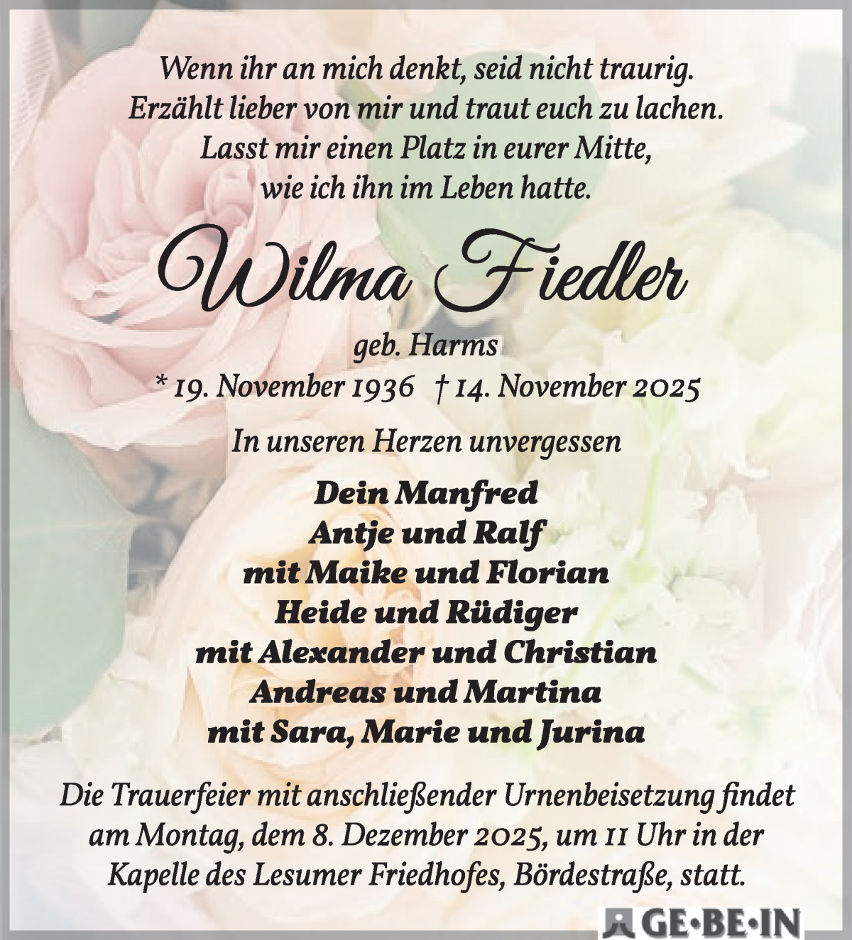 Traueranzeige von Wilma Fiedler von Die Norddeutsche