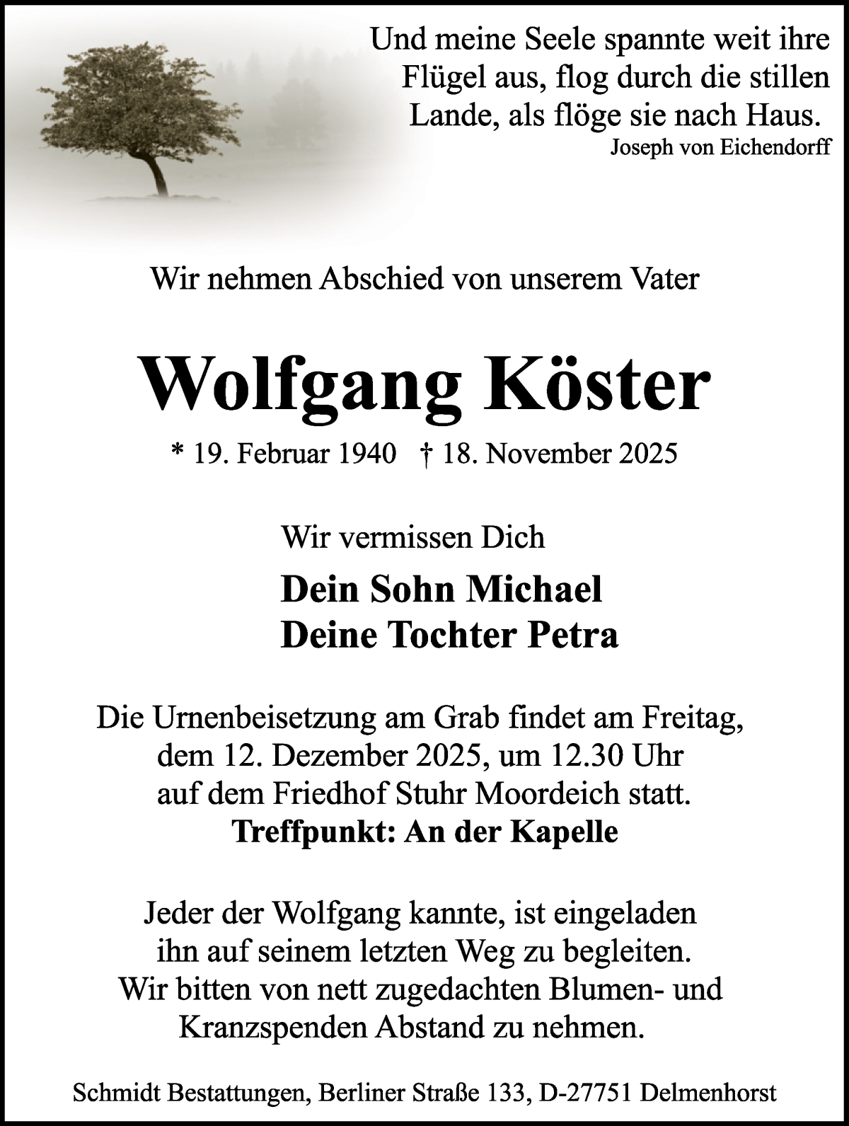 Traueranzeige von Wolfgang Köster von WESER-KURIER