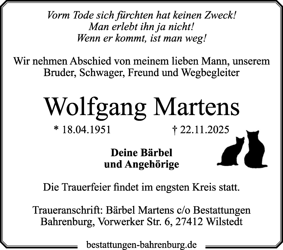 Traueranzeige von Wolfgang Martens von WESER-KURIER