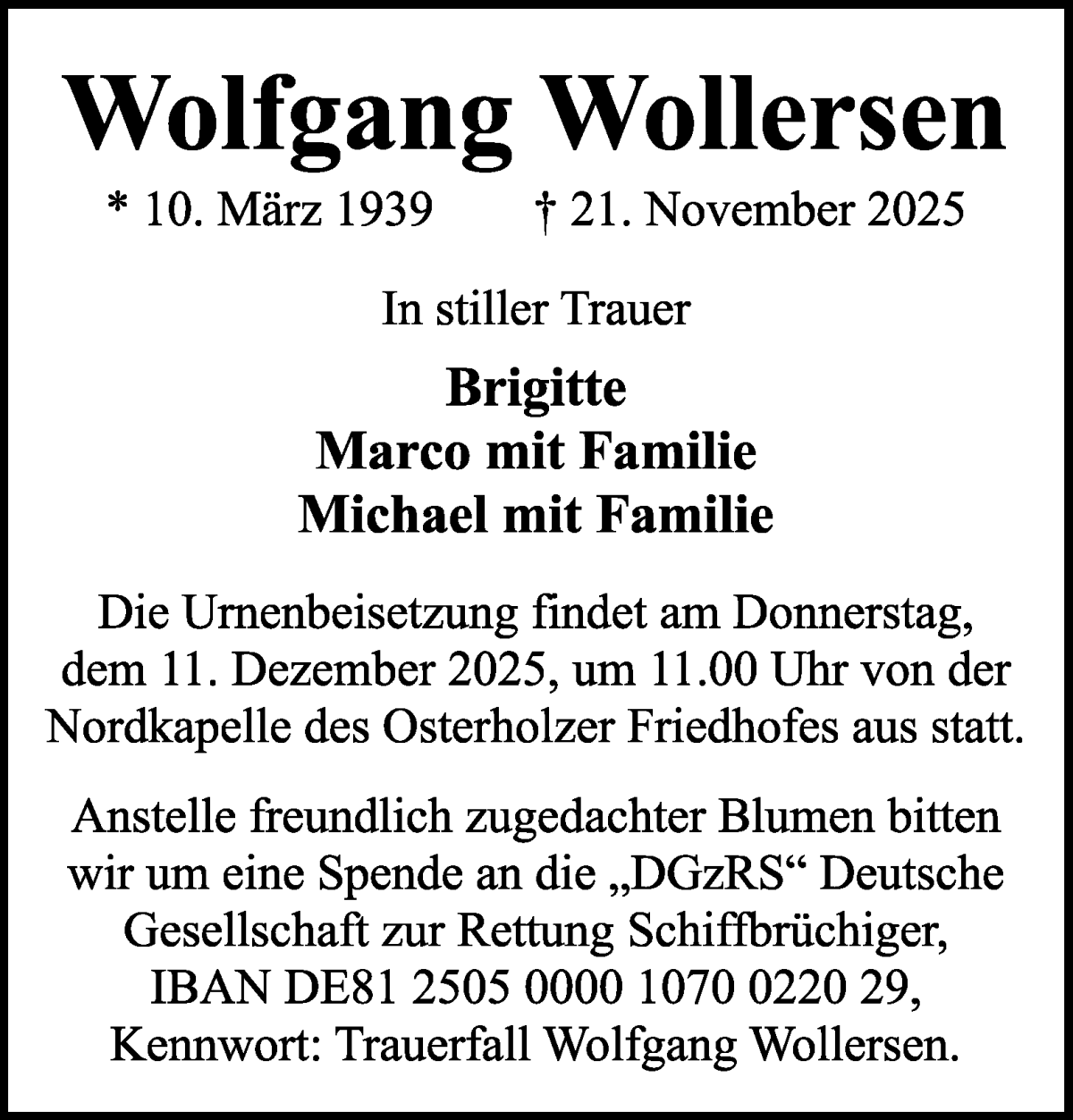 Traueranzeige von Wolfgang Wollersen von WESER-KURIER