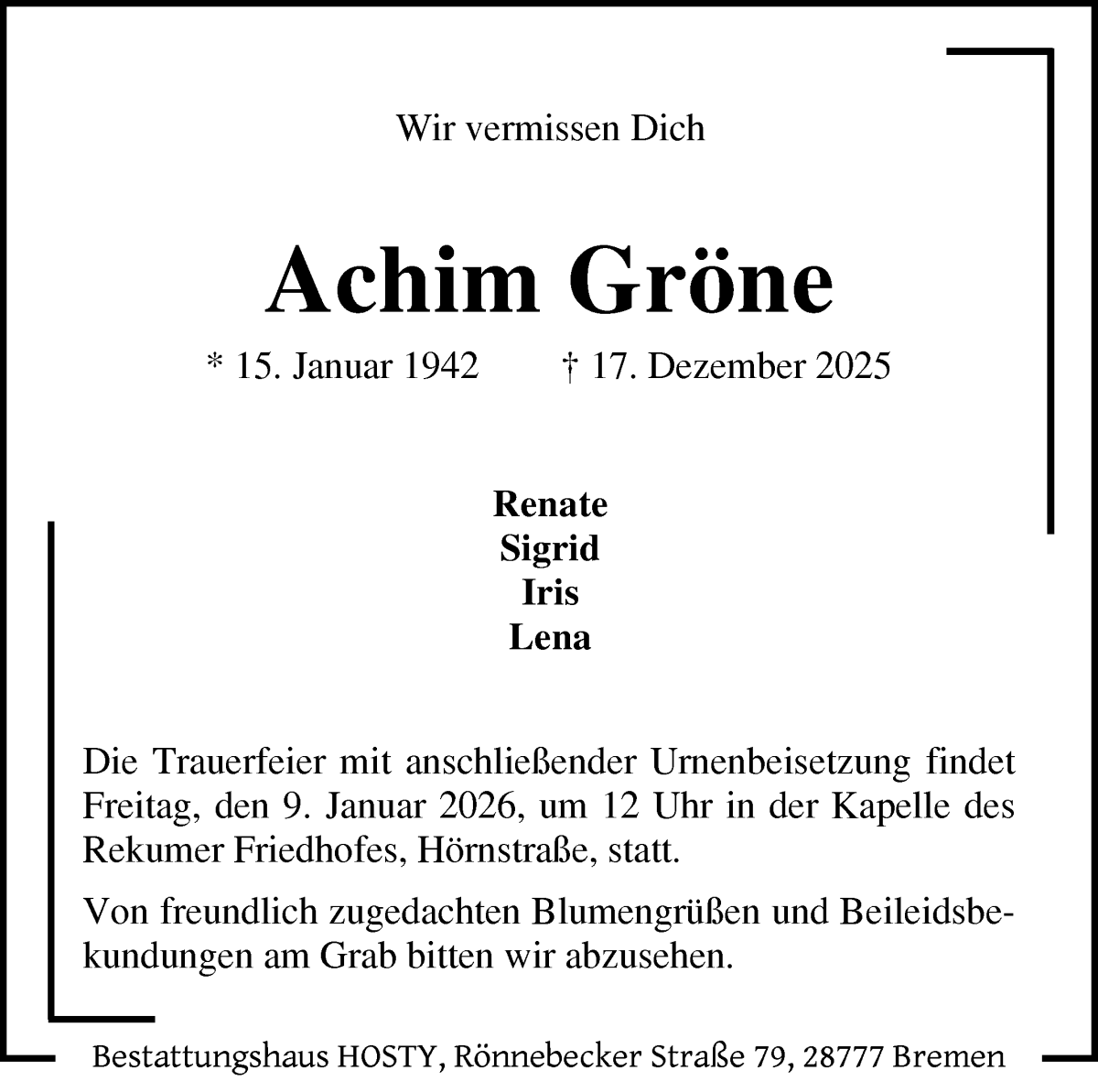 Traueranzeige von Achim Gröne von Die Norddeutsche