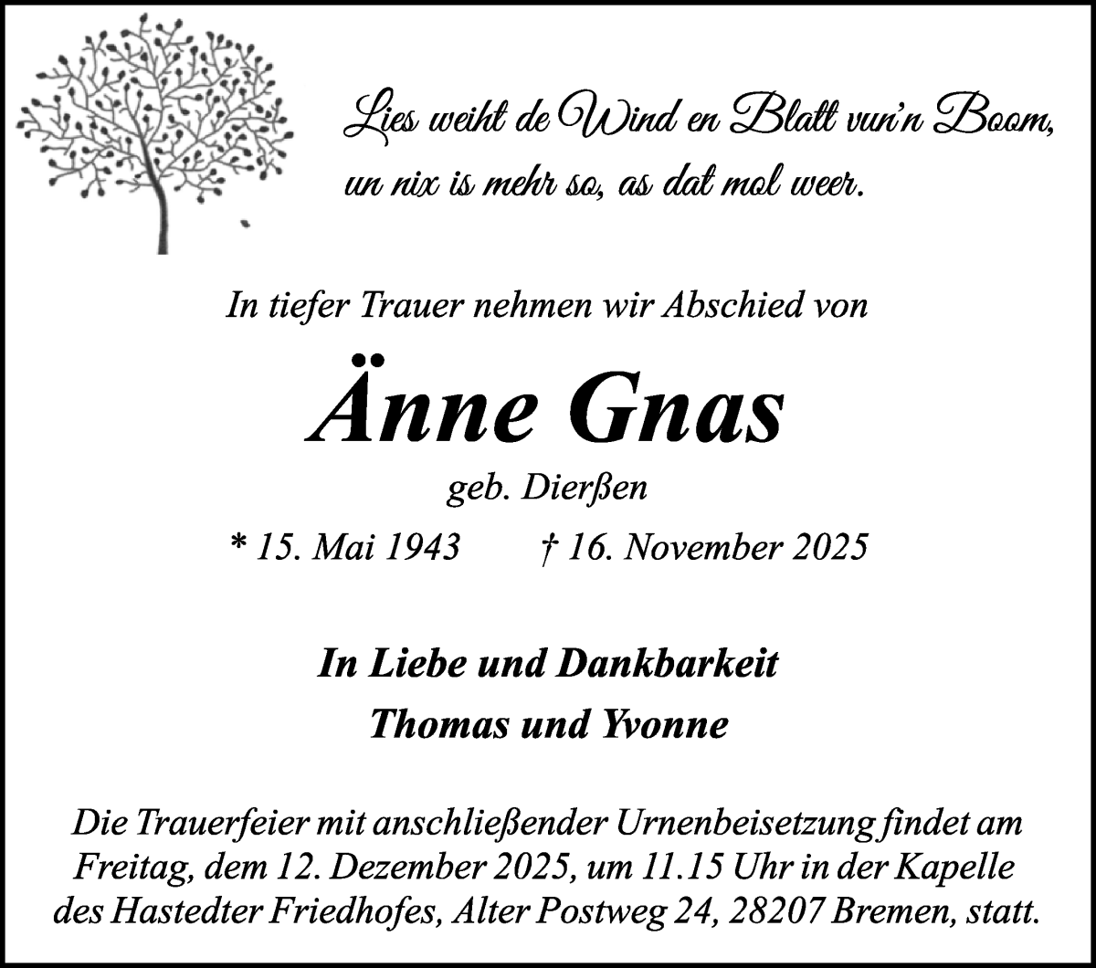 Traueranzeige von Änne Gnas von WESER-KURIER