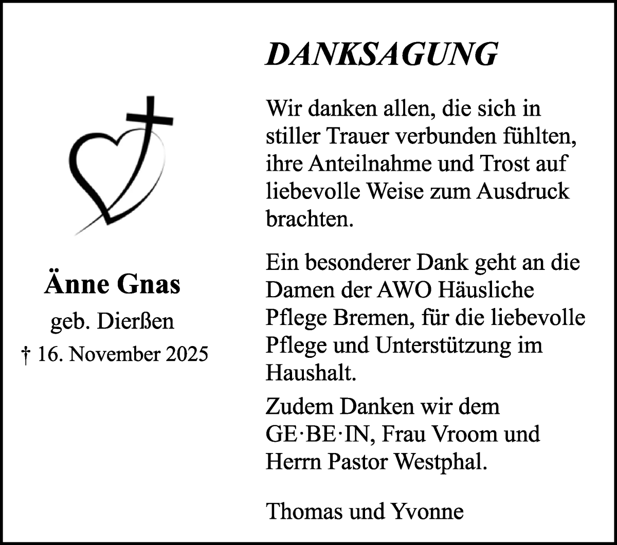 Traueranzeige von Änne Gnas von WESER-KURIER