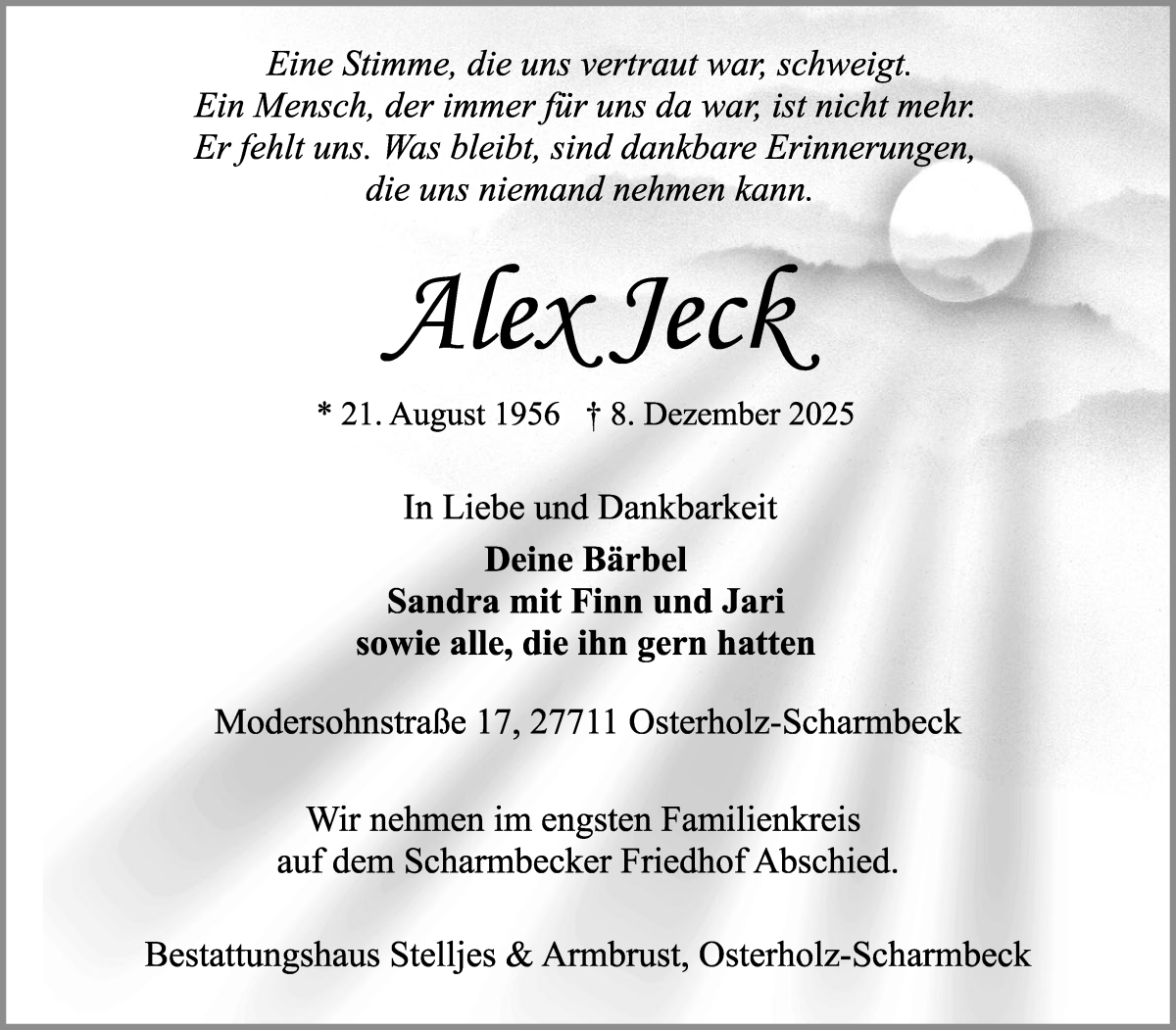 Traueranzeige von Alex Jeck von Osterholzer Kreisblatt