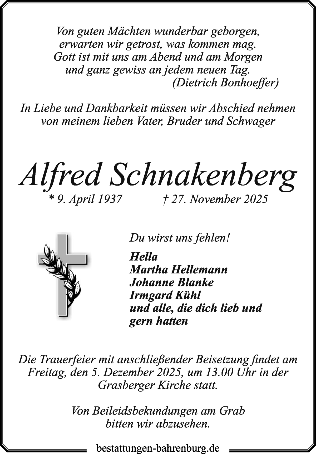 Traueranzeige von Alfred Schnakenberg von Wuemme Zeitung