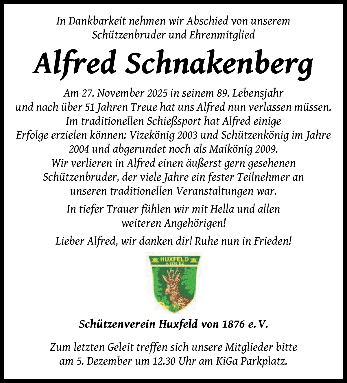 Traueranzeige von Alfred Schnakenberg von Wuemme Zeitung