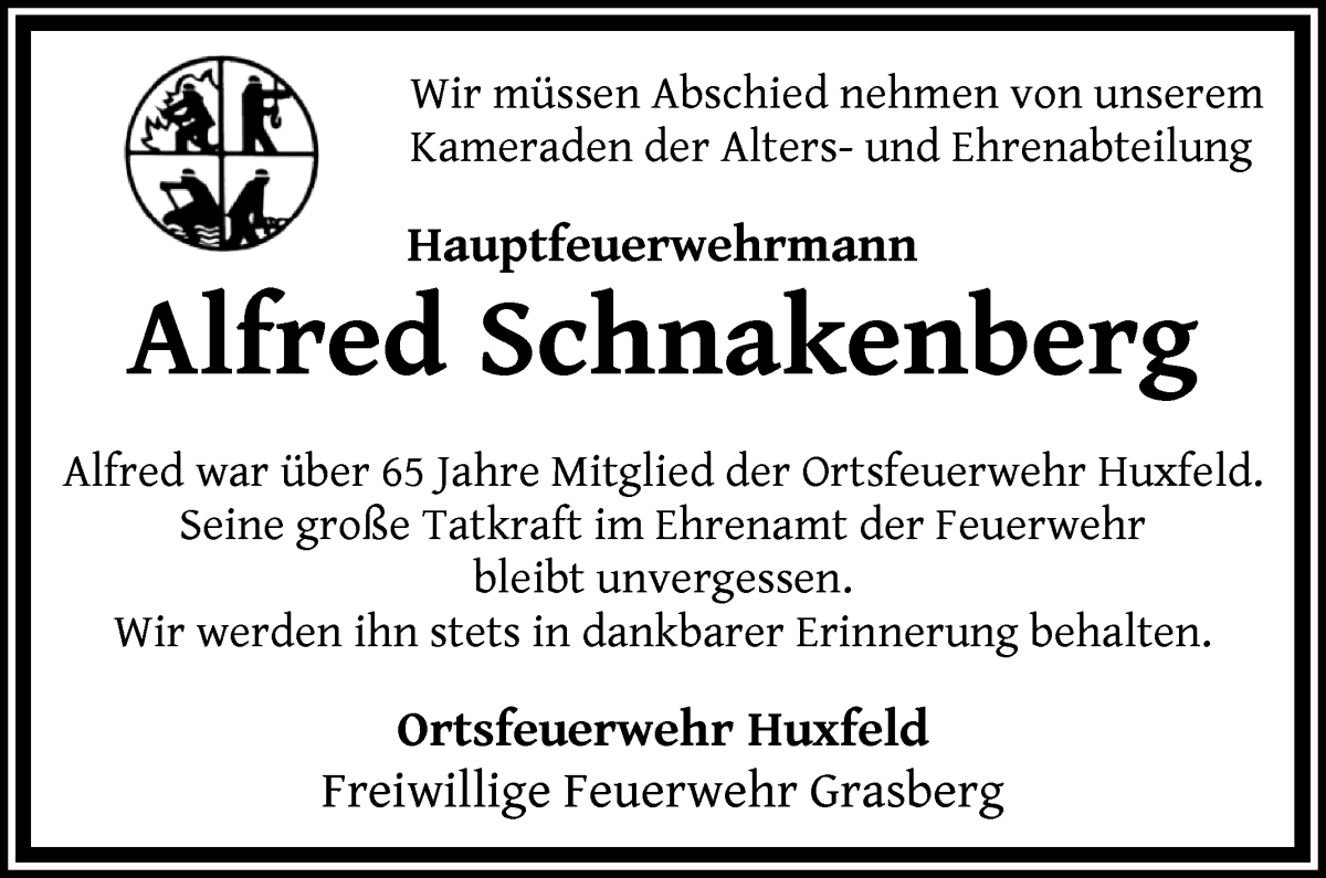 Traueranzeige von Alfred Schnakenberg von Wuemme Zeitung