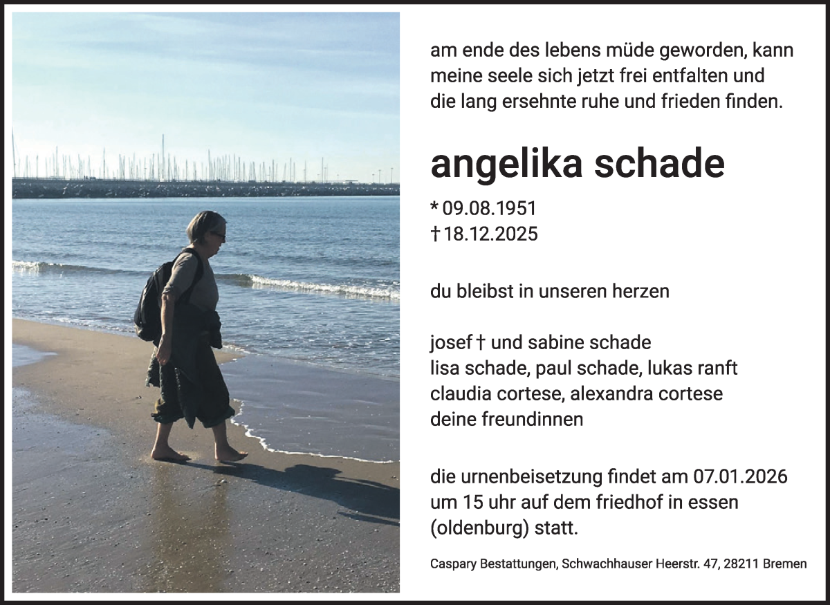 Traueranzeige von Angelika Schade von WESER-KURIER