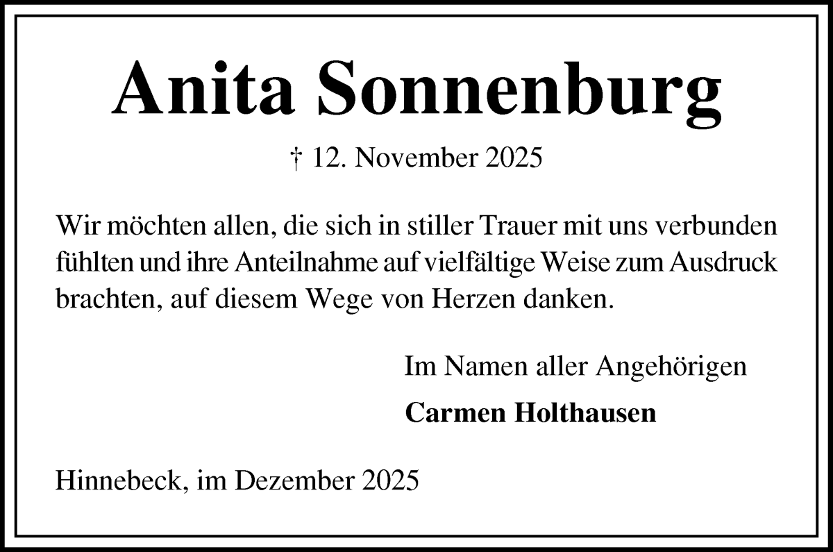 Traueranzeige von Anita Sonnenburg von Die Norddeutsche