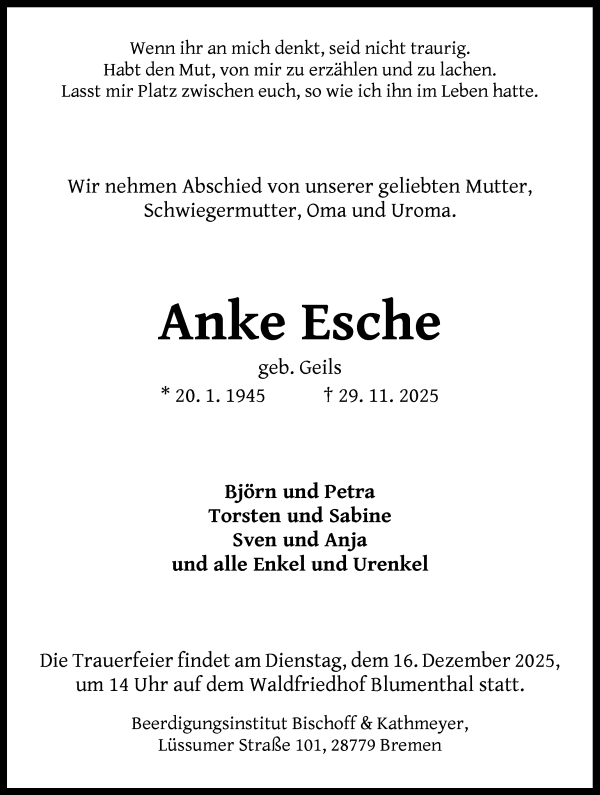 Traueranzeige von Anke Esche von Die Norddeutsche