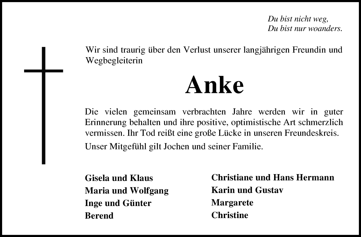 Traueranzeige von Anke Hillmann von Die Norddeutsche