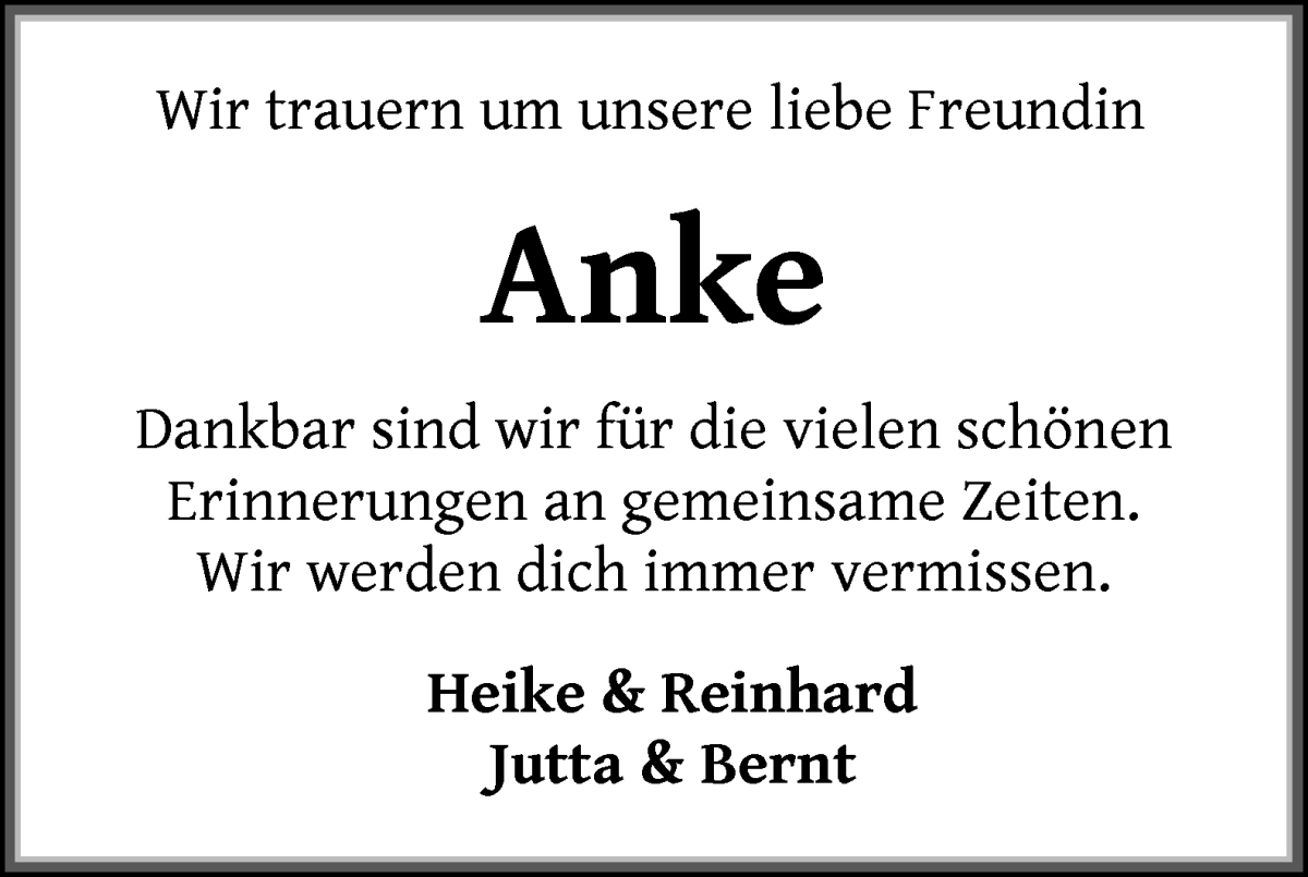 Traueranzeige von Anke Hillmann von WESER-KURIER