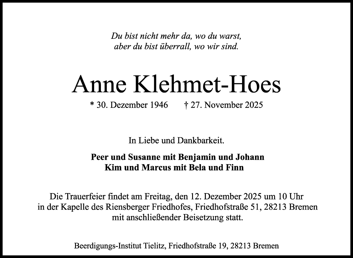 Traueranzeige von Anne Klehmet-Hoes von WESER-KURIER