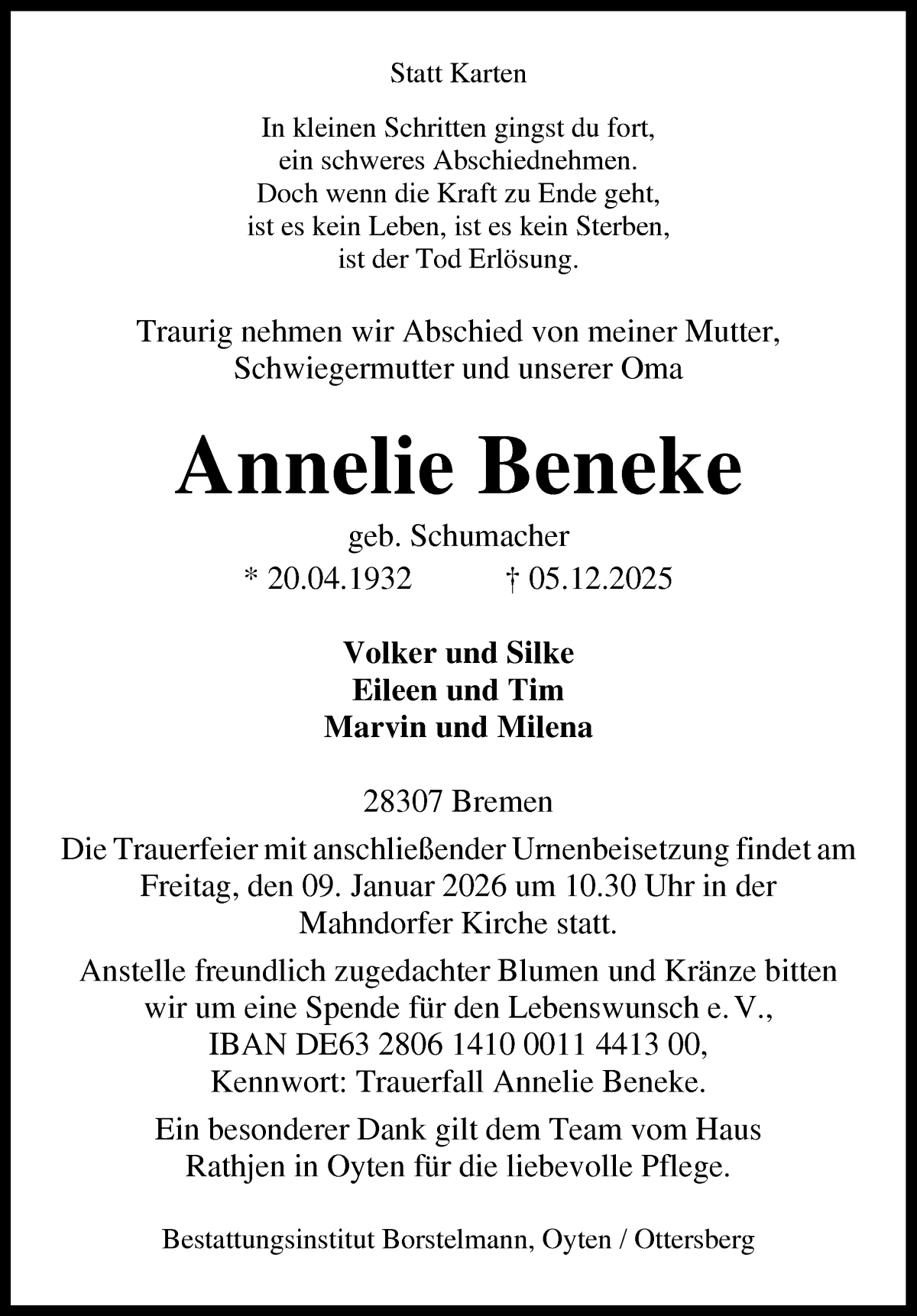 Traueranzeige von Annelie Beneke von WESER-KURIER