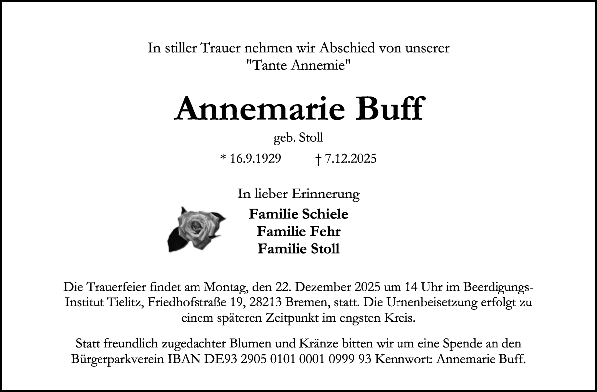  Traueranzeige für Annemarie Buff vom 13.12.2025 aus WESER-KURIER