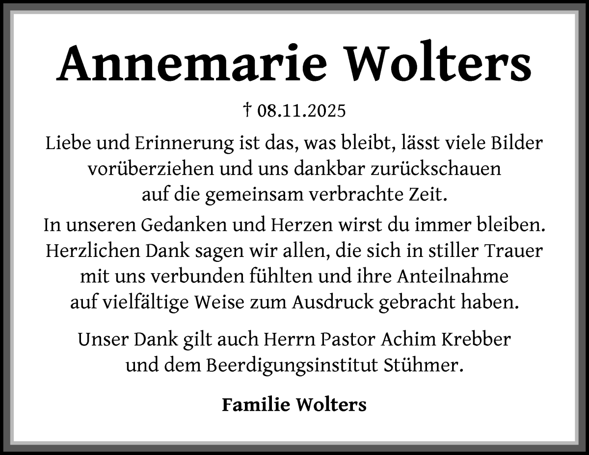 Traueranzeige von Annemarie Wolters von Die Norddeutsche
