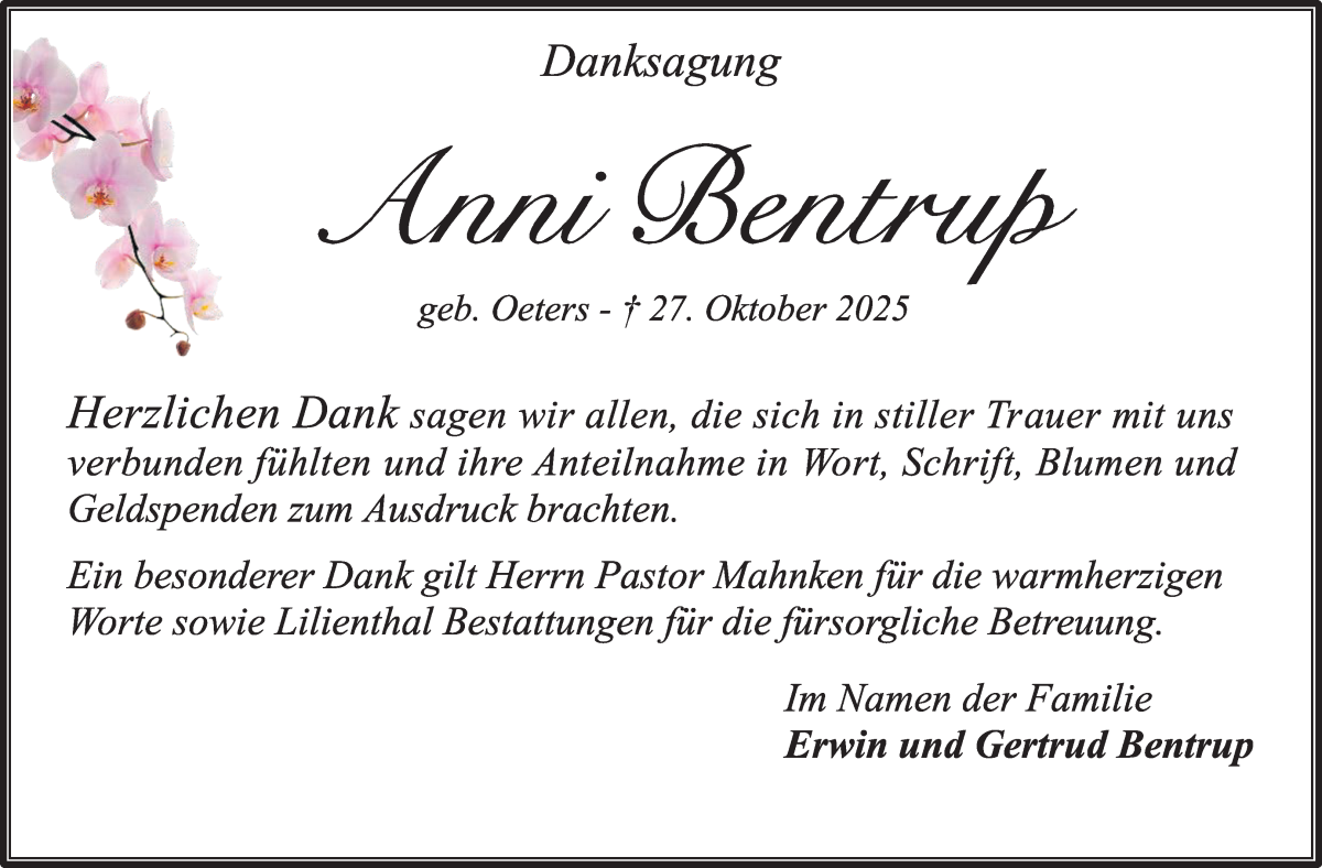 Traueranzeige von Anni Bentrup von Osterholzer Kreisblatt