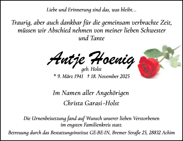 Traueranzeige von Antje Hoenig von WESER-KURIER