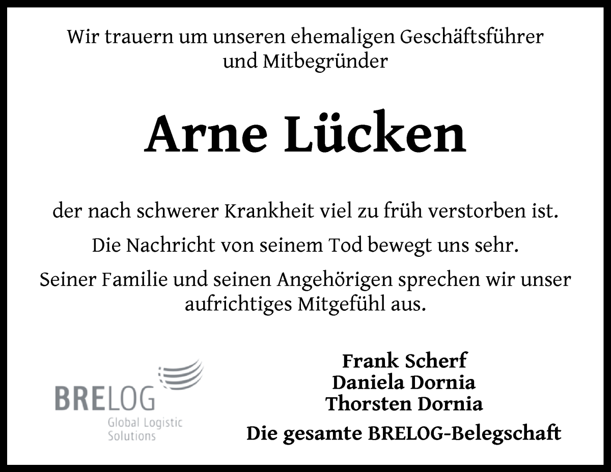 Traueranzeige von Arne Lücken von WESER-KURIER