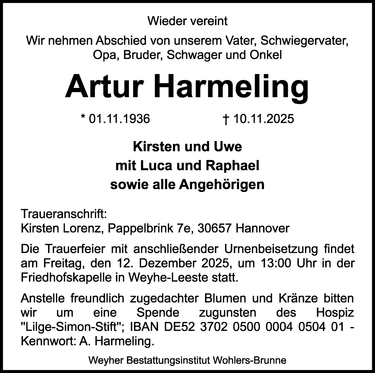 Traueranzeige von Artur Harmeling von WESER-KURIER