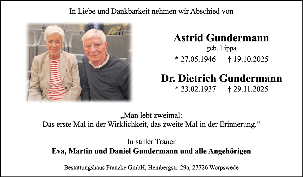 Traueranzeige von Astrid Gundermann von WESER-KURIER