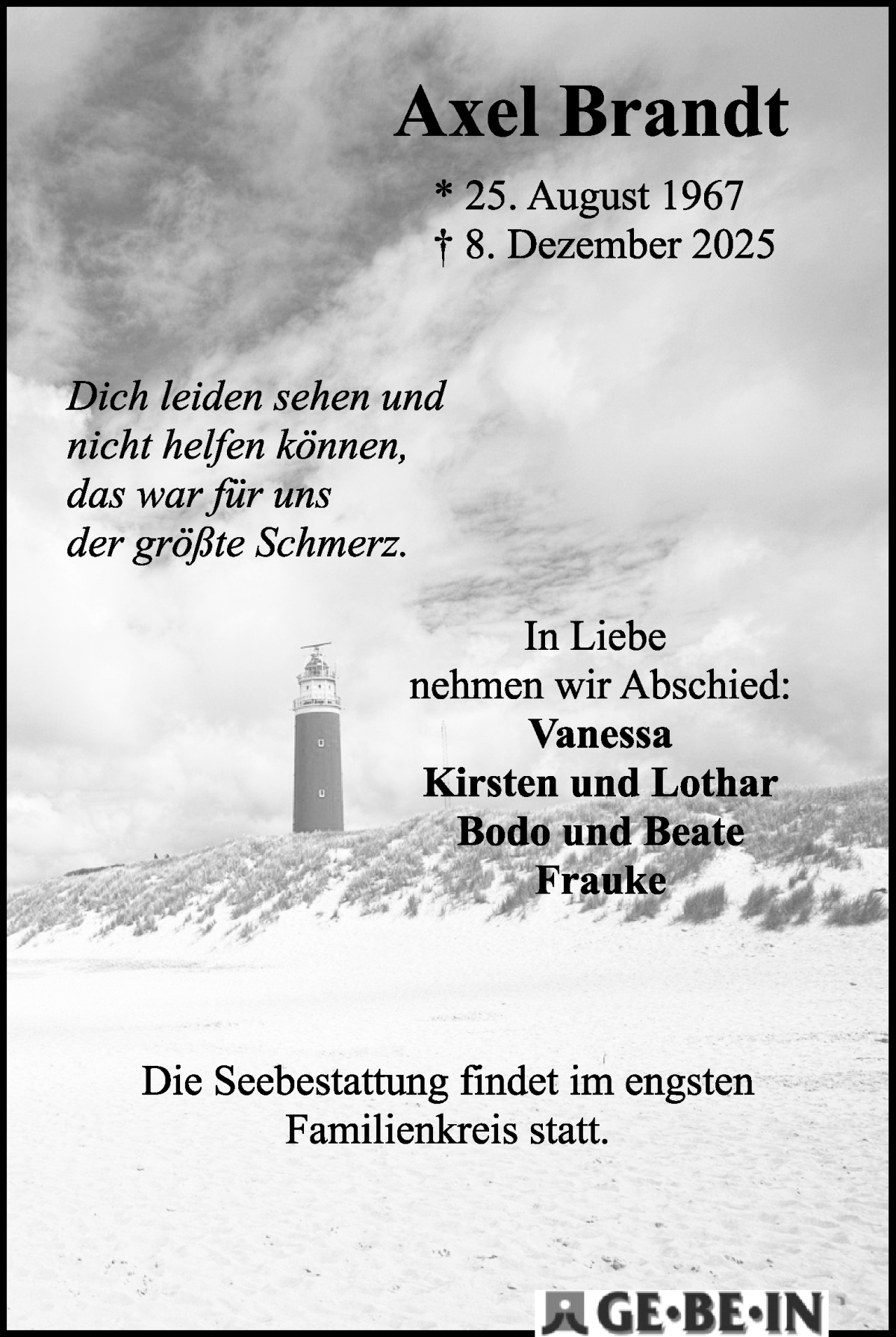  Traueranzeige für Axel Brandt vom 20.12.2025 aus WESER-KURIER