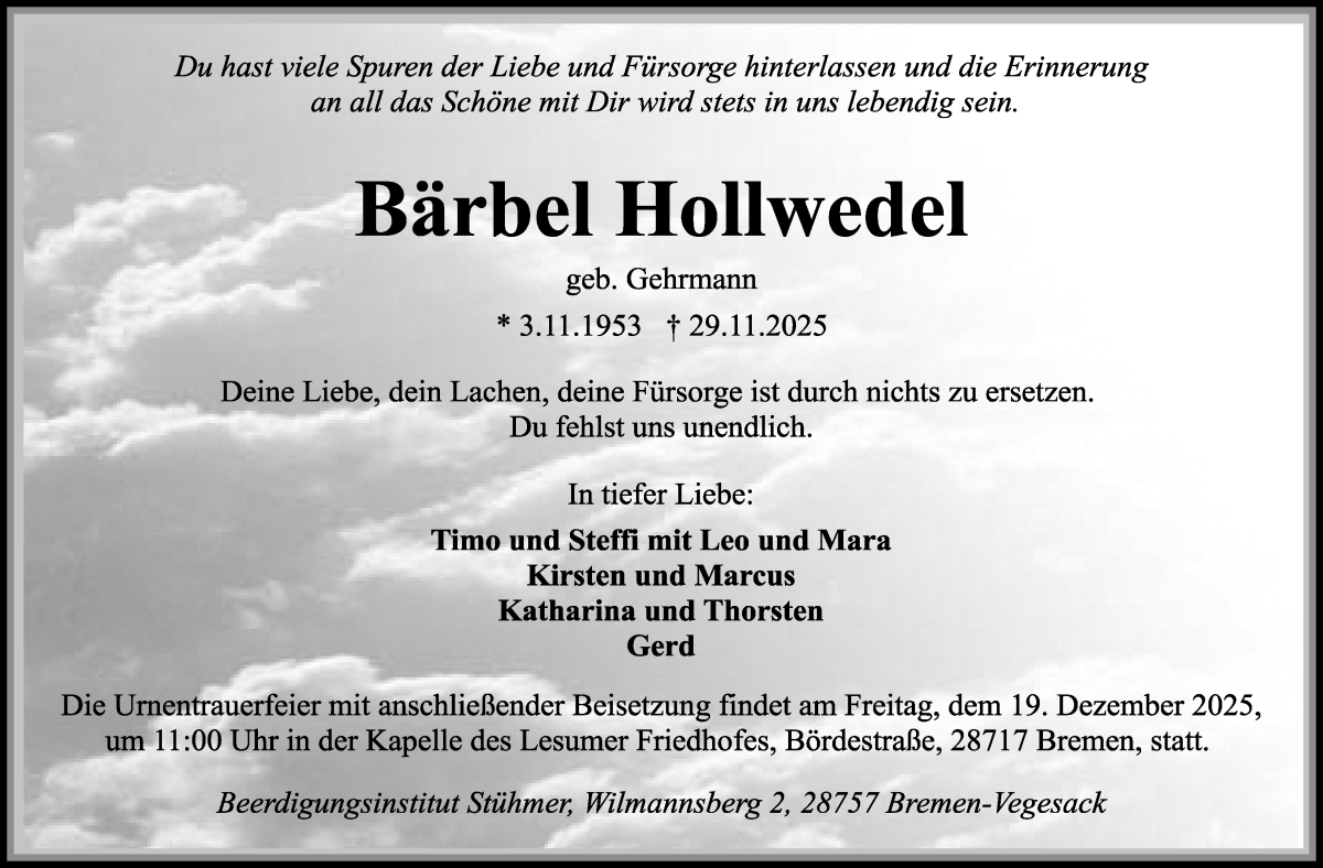 Traueranzeige von Bärbel Hollwedel von WESER-KURIER
