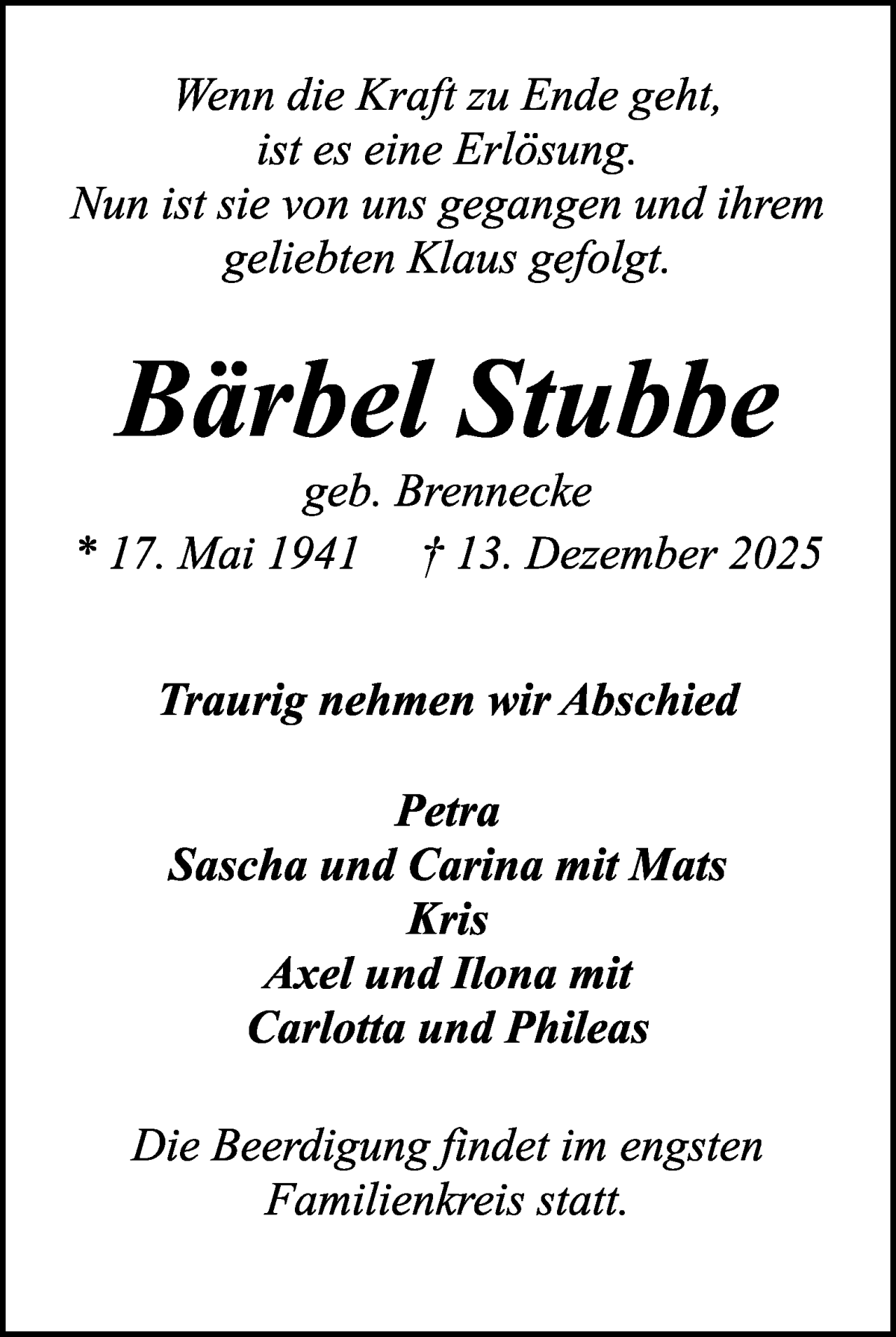  Traueranzeige für Bärbel Stubbe vom 27.12.2025 aus WESER-KURIER
