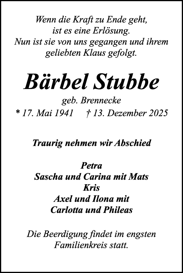 Traueranzeige von Bärbel Stubbe von WESER-KURIER