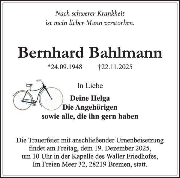 Traueranzeige von Bernhard Bahlmann von WESER-KURIER