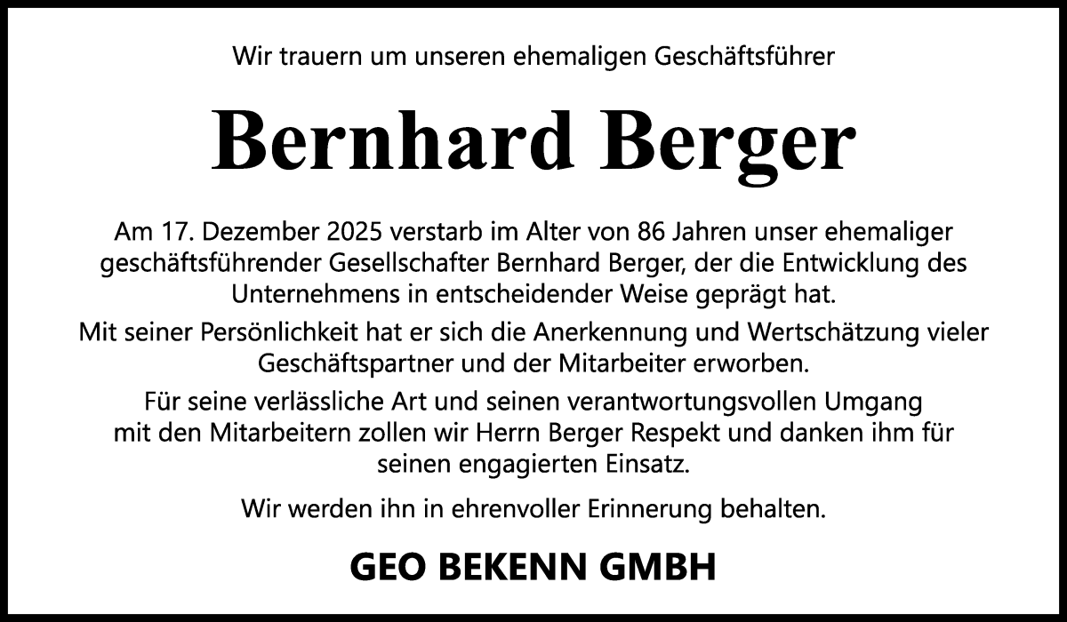 Traueranzeige von Bernhard Berger von WESER-KURIER