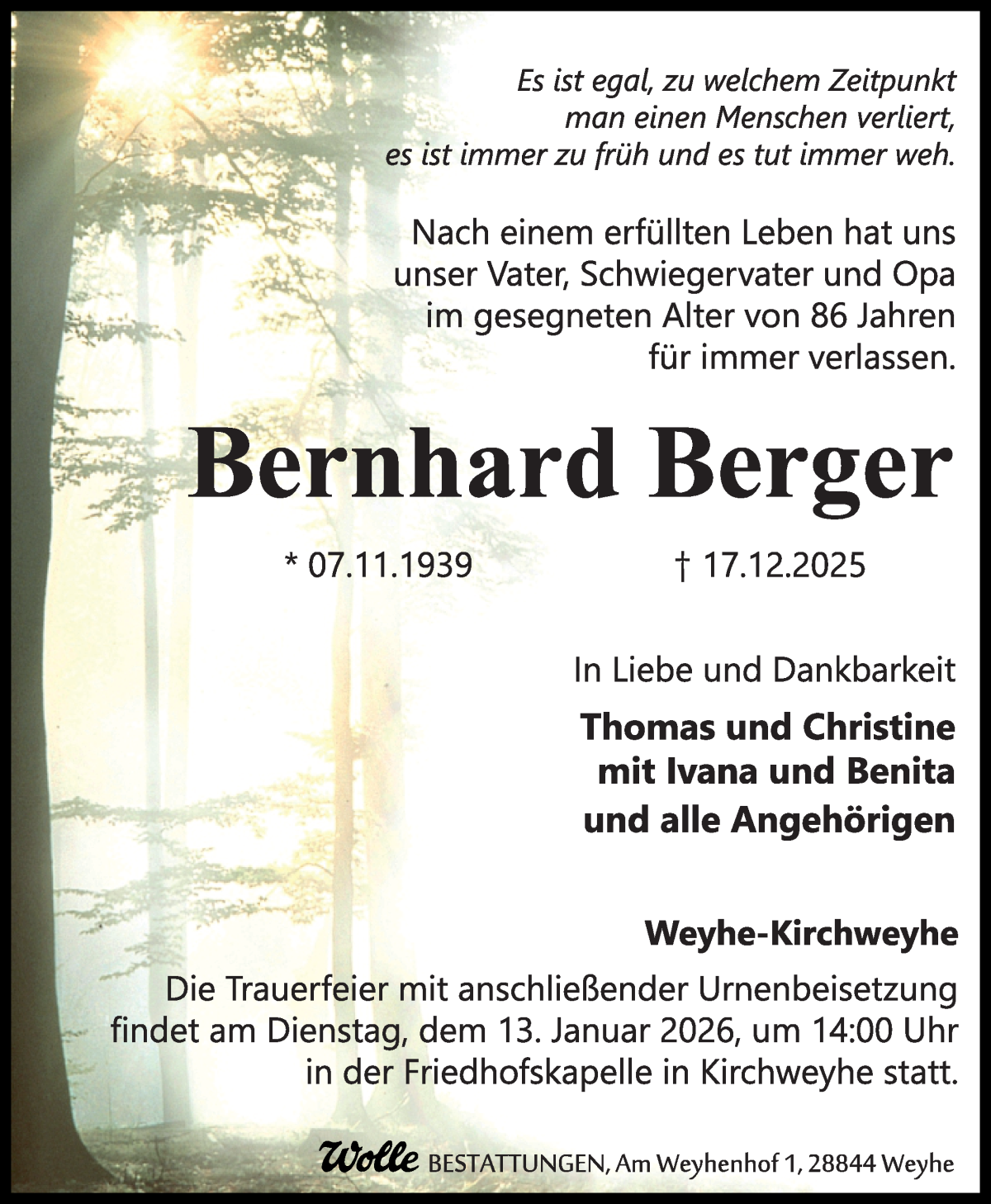 Traueranzeige von Bernhard Berger von WESER-KURIER