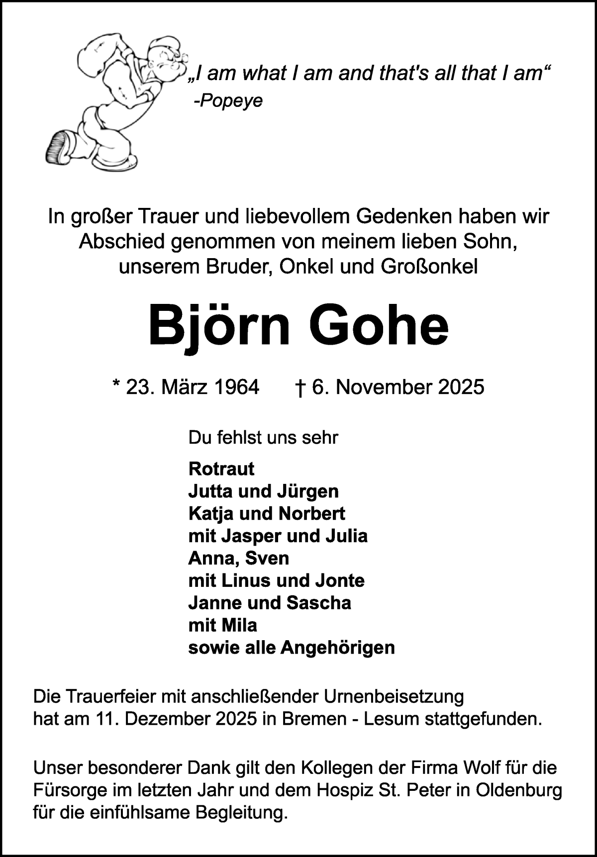 Traueranzeige von Björn Gohe von WESER-KURIER